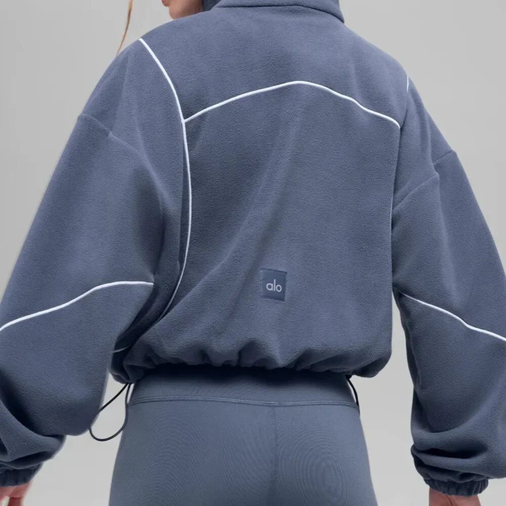 ALO Yoga Blue Teddy Jacket with White Piping